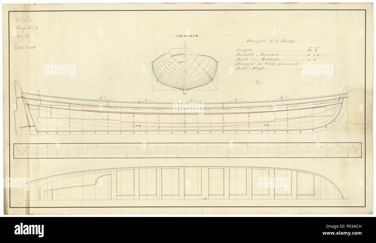 . Inglese: 32 ft Barge Scala: 1:24. Piano che mostrano il corpo piano, linee di pura con entrobordo dettaglio e semi-piano di coperta di 32 ft Inclus. Linee 22 32 ft RMG chiatta J0931 Foto Stock