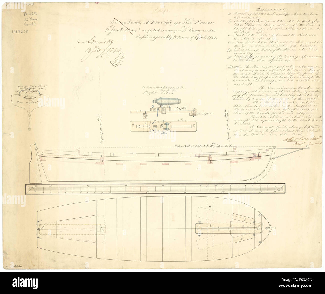 . Inglese: 32 ft Pinnace Scala: 1:24. Piano che mostrano il piano e il profilo per un 12 pounder Carronade e slitta; e il corpo piano, profilo con dettaglio entrobordo, piano di coperta e il profilo di poppa per un 32 ft Pinnace come dotato di 12 pounder Carronade in prua, ma con le indicazioni che sarebbe altresì rilevante per la poppa. Il piano include una chiave di riferimento e un memo sull uso del Carronade firmato Arthur Lowe [deliberando Commander, HMS eccellente, preesistenza 3 giugno 1842]. Vedere anche ZAZ7199 per un'altra versione di questo piano non datato. profilo 22 32 ft Pinnace RMG J0676 Foto Stock