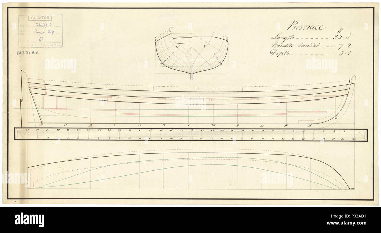 . Inglese: 32 ft Pinnace Scala: 1:24. Piano che mostrano il corpo piano, linee di pura con dettaglio entrobordo, e metà longitudinale-ampiezza per un 14 remava, 32 ft Pinnace. Per la data possibile vedere ZAZ77187-7190. linee & profilo 22 32 ft Pinnace RMG J0843 Foto Stock