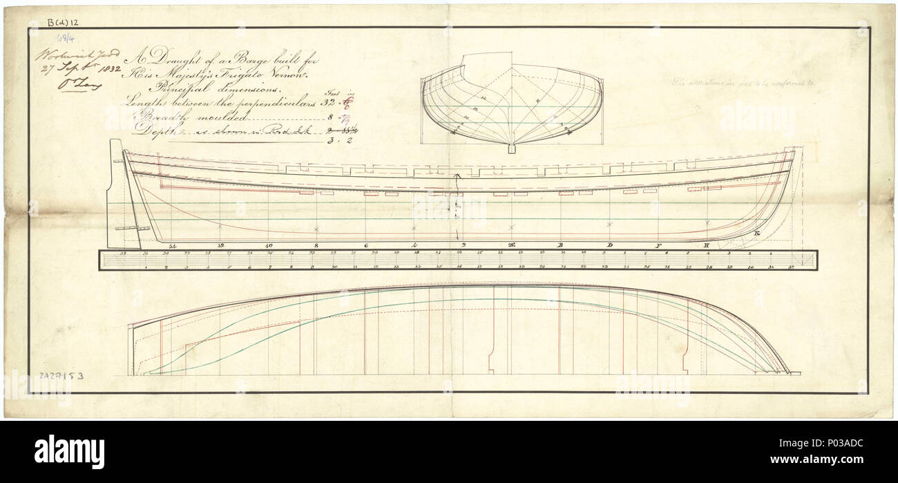 . Inglese: 32ft Barge per Vernon (1832) Scala: 1:24. Piano che mostrano la struttura modificata del piano modificato, linee di pura con dettaglio entrobordo, e modificato metà longitudinale-ampiezza per un 14-remava 32 ft Barge costruito per Vernon (1832), un 48-gun Frigate. Le modifiche rispecchiano la realtà è stata accorciata di sei pollici da un 32ft, 6 pollici Inclus. Firmato Oliver Lang [Master Shipwright, Woolwich Dockyard, 1826-1836]. linee & Profilo di 22 32ft Barge per Vernon (1832) RMG J0909 Foto Stock