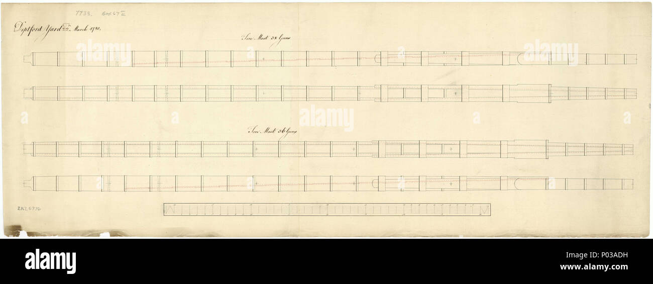 . Inglese: 36 pistola foremast nave. Ci sono due i documenti contrassegnati come ZAZ6676.1 e ZAZ6676.2 che possono essere visualizzati tramite la levetta grigio a destra del campo intero. 22 36 PISTOLA RMG NAVE J2107 Foto Stock