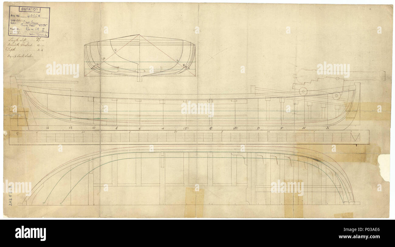 . Inglese: 37ft cannoniere (no data) Scala: 1:24. Piano che mostrano il corpo piano, linee di pura con dettaglio entrobordo, e metà longitudinale-ampiezza con ponte dettaglio per un 14-remava, 37ft cannoniere con un forward-pistola montata. Linee 22 37ft cannoniere (no data) RMG J0114 Foto Stock