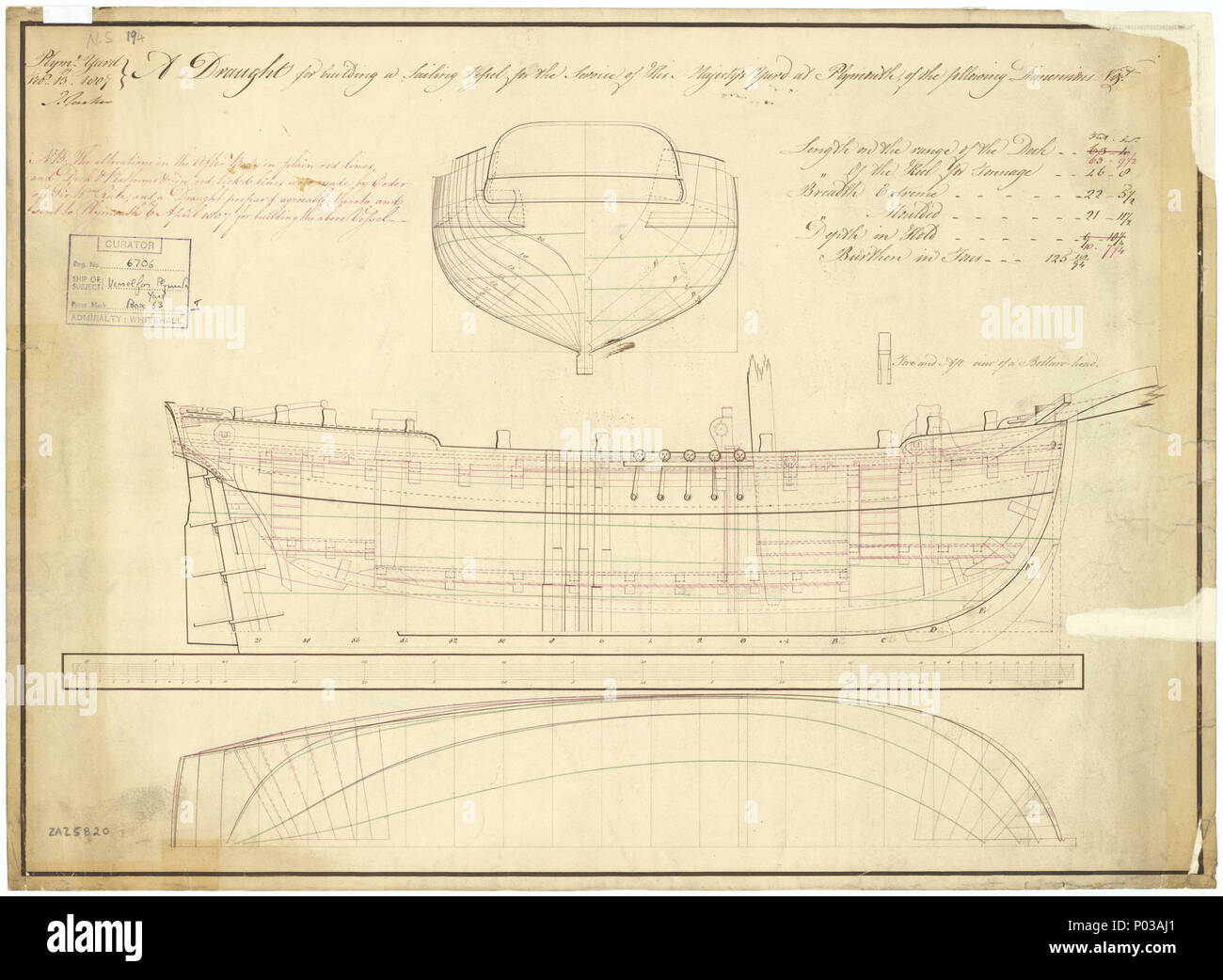 . Inglese: 63ft Sailing Vessel (no data) Scala: 1:48. Un piano che mostra il corpo piano, linee di pura con Modifica dettagli interno, e modificato metà longitudinale-ampiezza per la costruzione di un singolo-masted sessanta-tre piedi imbarcazione a vela per Plymouth Dockyard. Firmato da Joseph Tucker [Master Shipwright, Plymouth Dockyard, 1802-1813; più tardi Surveyor della Marina, 1813-1831]. 63ft sailing vessel linee e profilo 23 63ft Sailing Vessel (no data) RMG J0386 Foto Stock