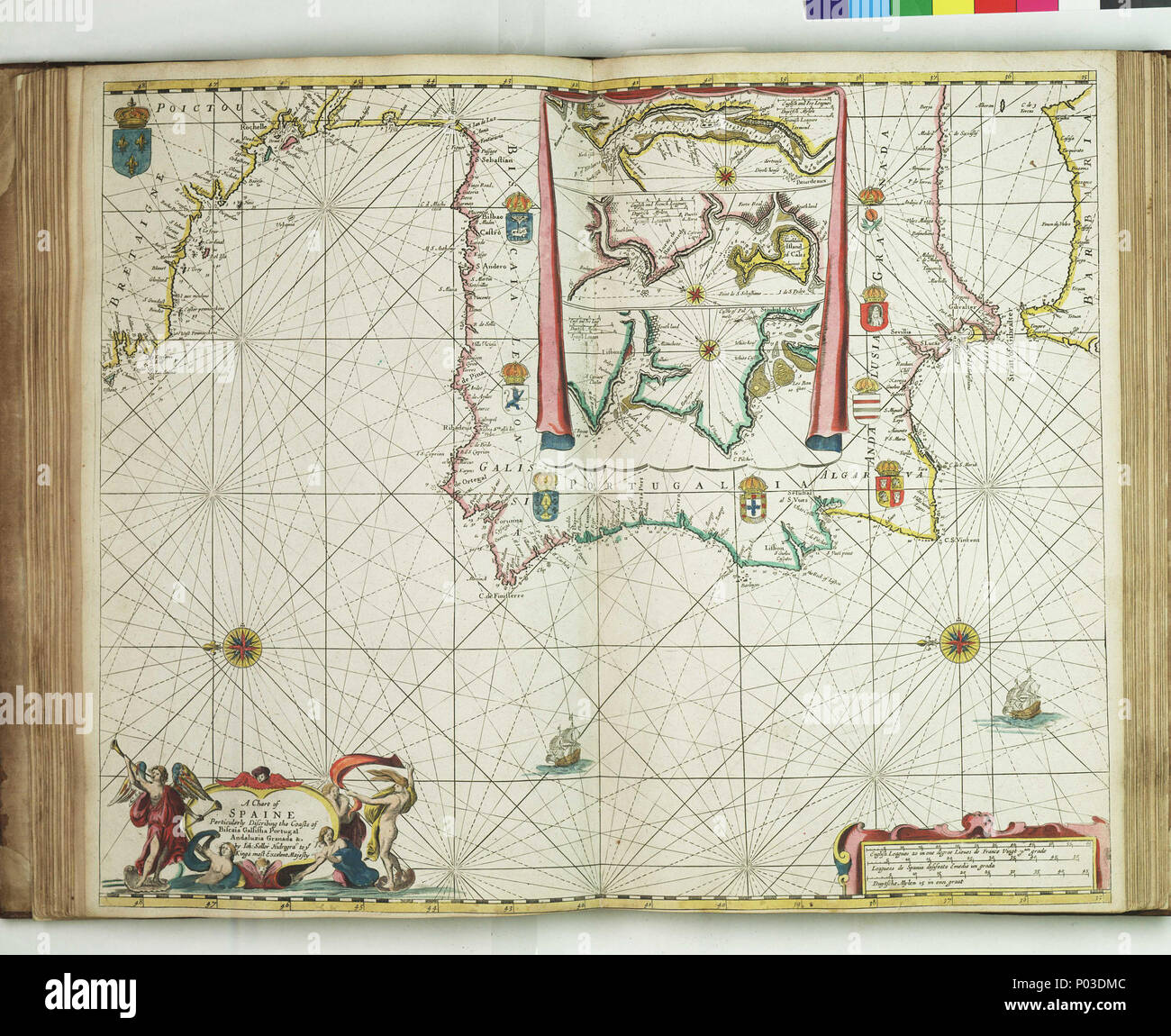 . Inglese: un grafico di Spaine perticulerly discribing il coastes di Biscaia Gallissia Portogallo Andaluzia Granada &c.legati foglio. Mano col engr. Scala: [ca. 1:2 800 000 (bar)]. Nota cartografica: Nord a 270 gradi. Frontiere graduato per Latitude. Scale Bar in francese e in inglese campionati, olandese miglia e campionati spagnoli. Contenuto Nota: contiene tre inset: Bordeaux e Garonne; Cadice e Lisbona. Un grafico da 'Atlas Maritimus', o il mare Atlas; essendo un libro di grafici di marittimo. PBE6862, venditore Atlas Maritimus, Spaine . 1675. John Darby; il Venditore, Giovanni 35 un grafico di Spaine perticulerly d Foto Stock