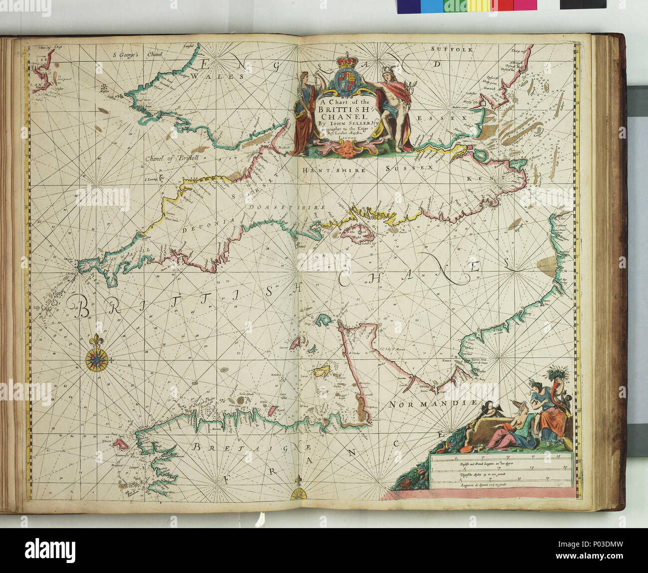 . Inglese: un grafico di Inghilterra è foglio ChanelBound. Mano col engr. Scala: [ca. 1: 1 000 (bar)]. Nota cartografica: confini graduato per Latitude. Scale Bar in francese e in inglese campionati, olandese miglia e campionati spagnoli. Ulteriori luoghi: Canale Inglese. Un grafico da 'Atlas Maritimus', o il mare Atlas; essendo un libro di grafici di marittimo. PBE6862, venditore Atlas Maritimus, Inghilterra è il canale . 1675. John Darby; il Venditore, Giovanni 35 un grafico dell'Inghilterra è RMG Chanel F8062 Foto Stock