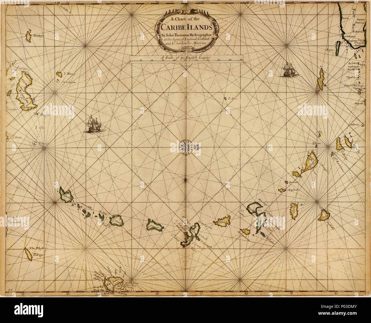 . Inglese: orientati con il nord verso destra. Disponibile anche tramite la Biblioteca del Congresso sito Web come immagine raster. Vault . Un grafico del Caribe Ilands [sic]. 1680. Thornton, Giovanni 35 un grafico del Caribe Ilands (sic) 2007633672 LOC Foto Stock