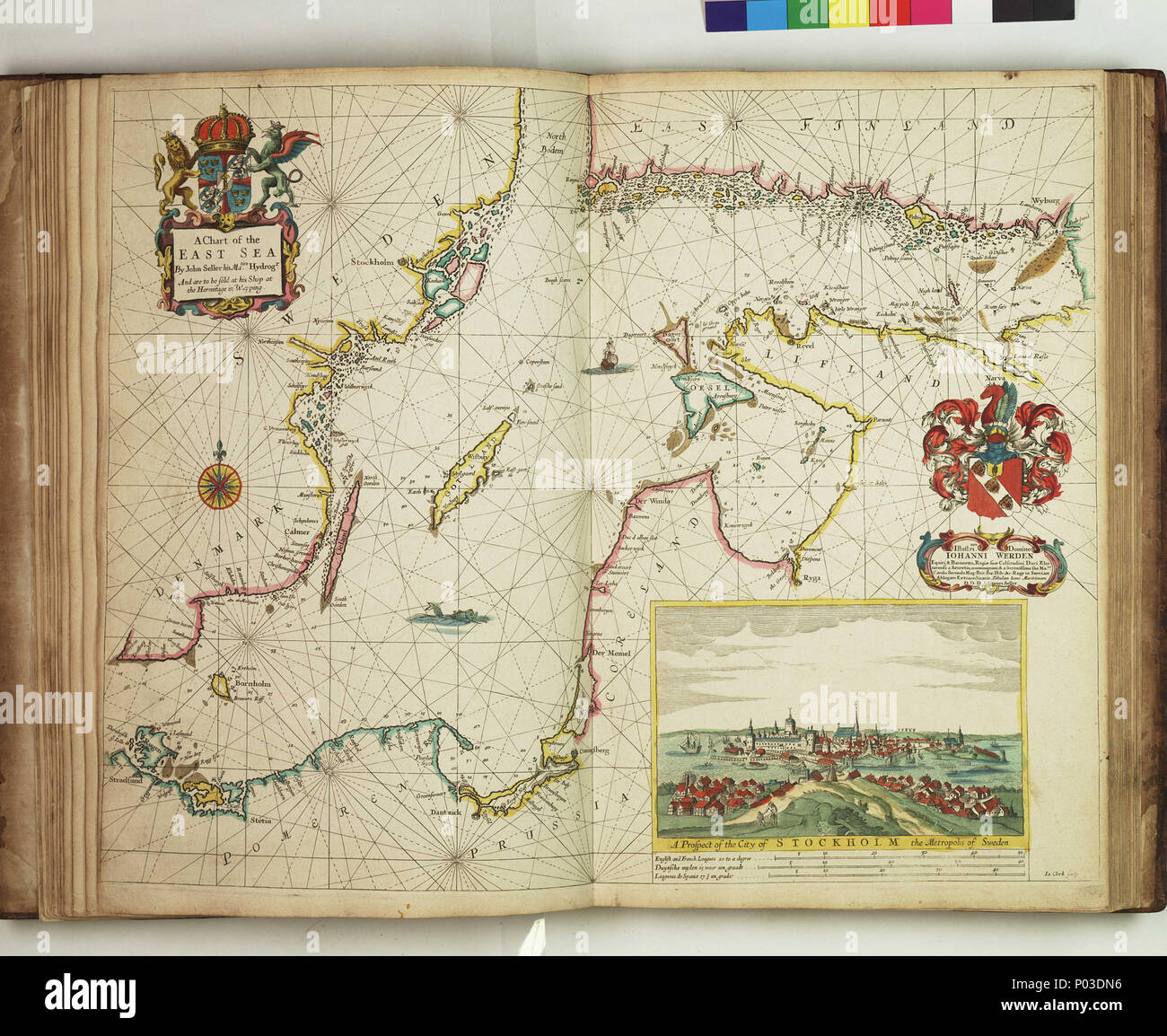 . Inglese: un grafico dell'Oriente SeaBound foglio. Mano col engr. Scala: [ca. 1:2 000 (bar)]. Nota cartografica: manca di laurea. Scale Bar in francese e in inglese campionati, olandese miglia e campionati spagnoli. Ulteriori luoghi: Mar Baltico. Contenuto Nota: contiene un grande riquadro vista di Stoccolma. Un grafico da 'Atlas Maritimus', o il mare Atlas; essendo un libro di grafici di marittimo. PBE6862, venditore Atlas Maritimus, Est la guarnizione . 1675. James Clark; John Darby; il Venditore, Giovanni 35 un grafico del Mare Orientale RMG F8060 Foto Stock