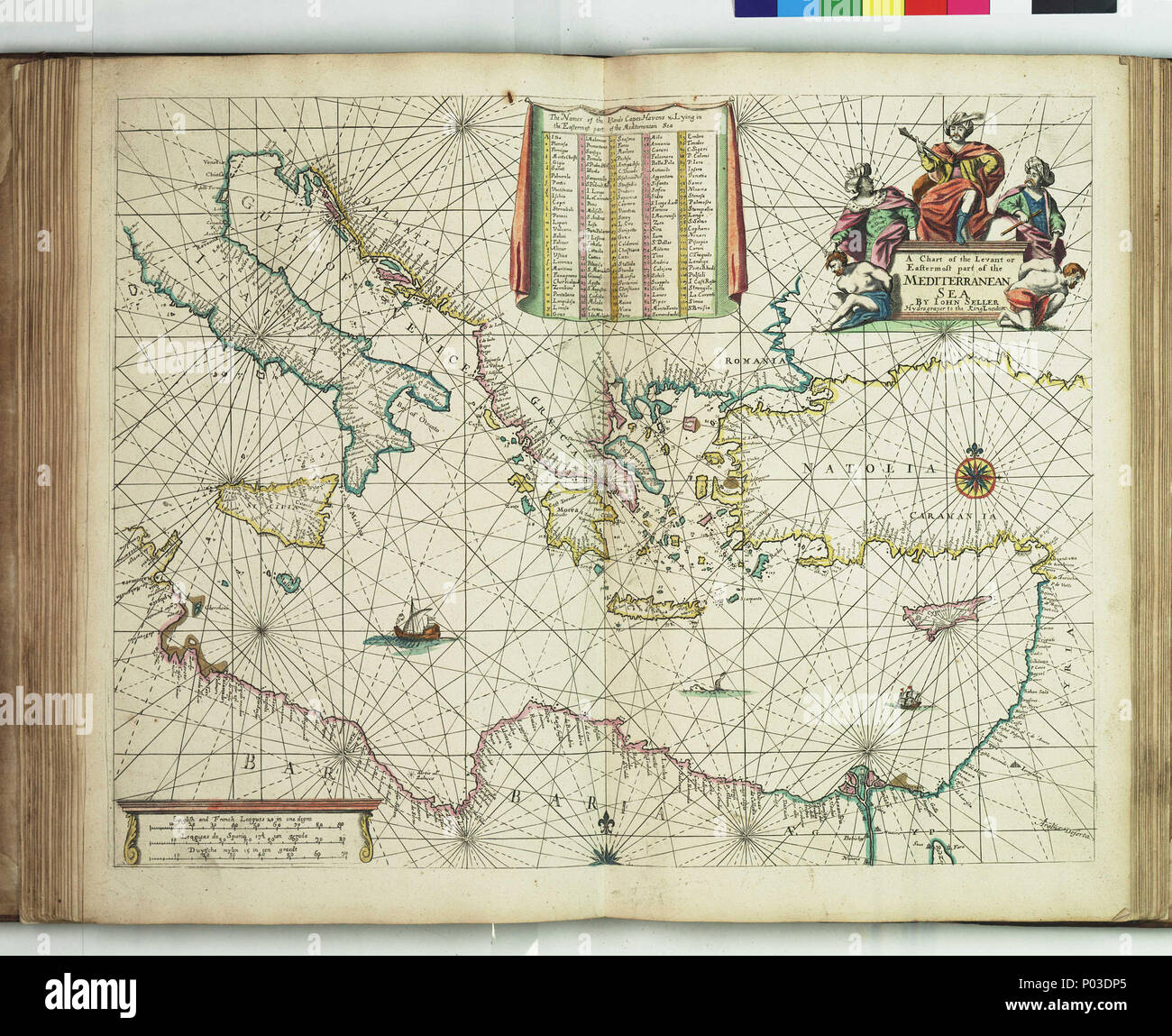 . Inglese: un grafico del levante o la parte più orientale del Mediterraneo SeaBound foglio. Mano col engr. Scala: [ca. 1:5 000 (bar)]. Nota cartografica: manca di laurea. Scale Bar in francese e in inglese campionati, campionati spagnolo e olandese miglia. Contenuto Nota: contiene un elenco dei nomi delle isole, mantelli, verso i paradisi fiscali ecc. Titolo cartiglio decorato con barbari e le loro comunità di schiavi. Un grafico da 'Atlas Maritimus', o il mare Atlas; essendo un libro di grafici di marittimo. PBE6862, venditore Atlas Maritimus, parte est del Mediterraneo . 1675. John Darby; il Venditore, Giovanni 35 un grafico del levante o e Foto Stock