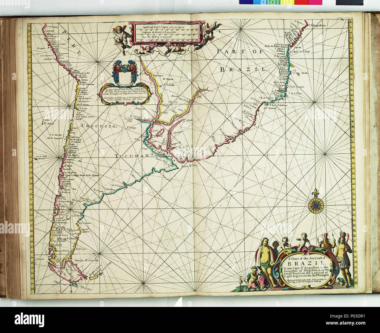 . Inglese: un grafico della costa del mare del Brasile, da Capo Sant Agostino a rettilinei di Magellano, & nel Mare del Sud, dall'lattitud di otto gradi rispetto al detto foglio straightsBound. Mano col engr. Scala: [ca. 1:13 000 (bar)]. Nota cartografica: confini graduato per Latitude. Scale Bar in francese e in inglese campionati, campionati spagnolo e olandese miglia. Ulteriori luoghi: Argentina, Cile, Tierra del Fuego. Contenuto Nota: contiene una dedica a Sir John Narbrough, chi voyaged attraverso lo Stretto di Magellano nel 1670. PBE6862, venditore Atlas Maritimus, Brasile . 1675. John Darby; venditore Foto Stock