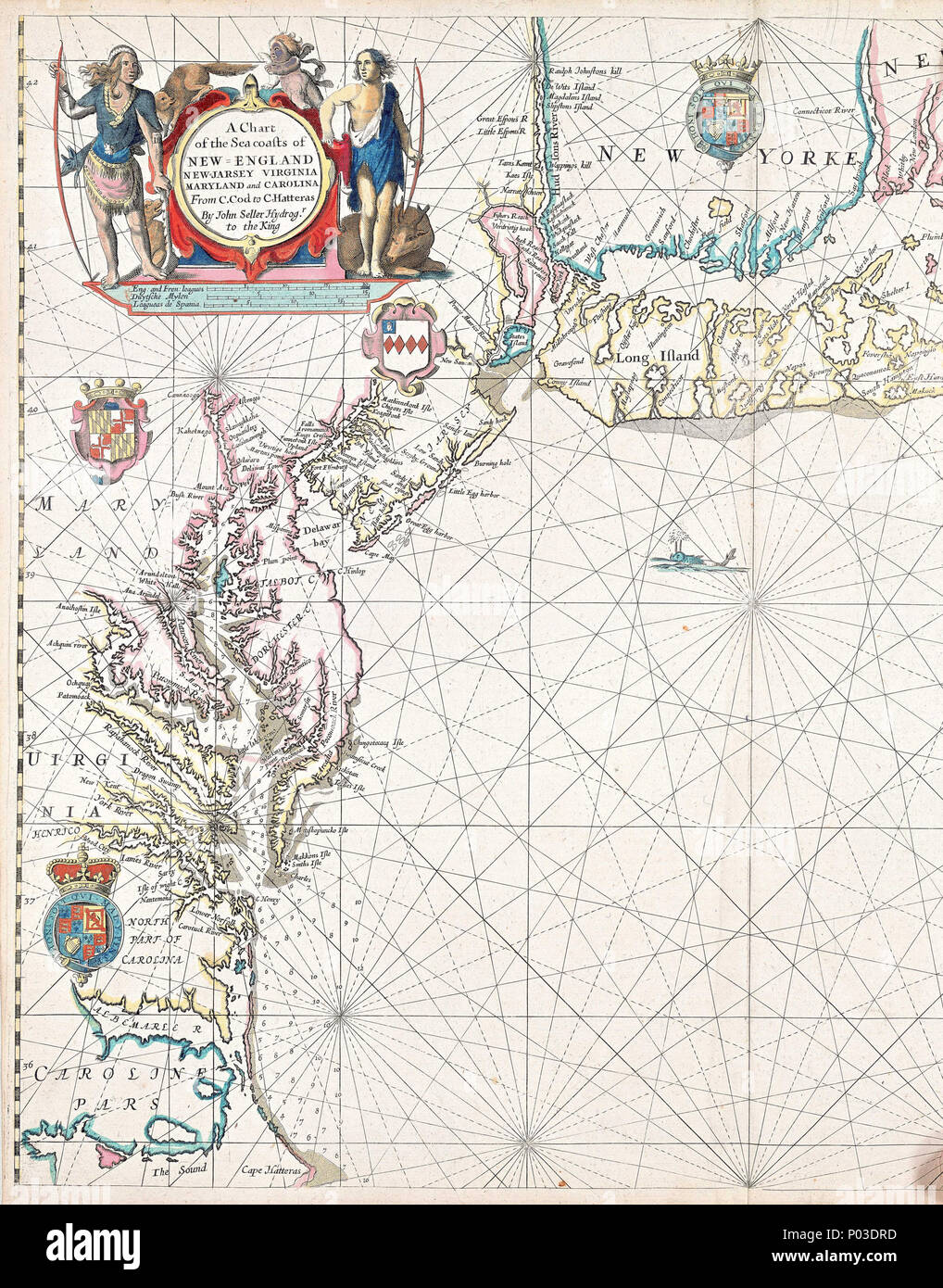 . Inglese: un grafico delle coste del New England nuova Jarsey Virginia Maryland e Carolina da Cape Cod a Cape HatterasBound foglio. Mano col engr. Descrizione fisica Nota: Questo è erroneamente legati in PBE6857. Scala: [ca. 1: (bar)]. Nota cartografica: confini graduato per Latitude. Scale Bar in francese e in inglese campionati, campionati spagnolo e olandese miglia. Contenuto Nota: Contiene inset decorate con. Grafico della costa orientale del Nord America da John venditore pubblicato 1675 . 1675. James Clark; John Darby; Giovanni venditore 35 un grafico delle coste del New England nuova Jarsey vergine Foto Stock