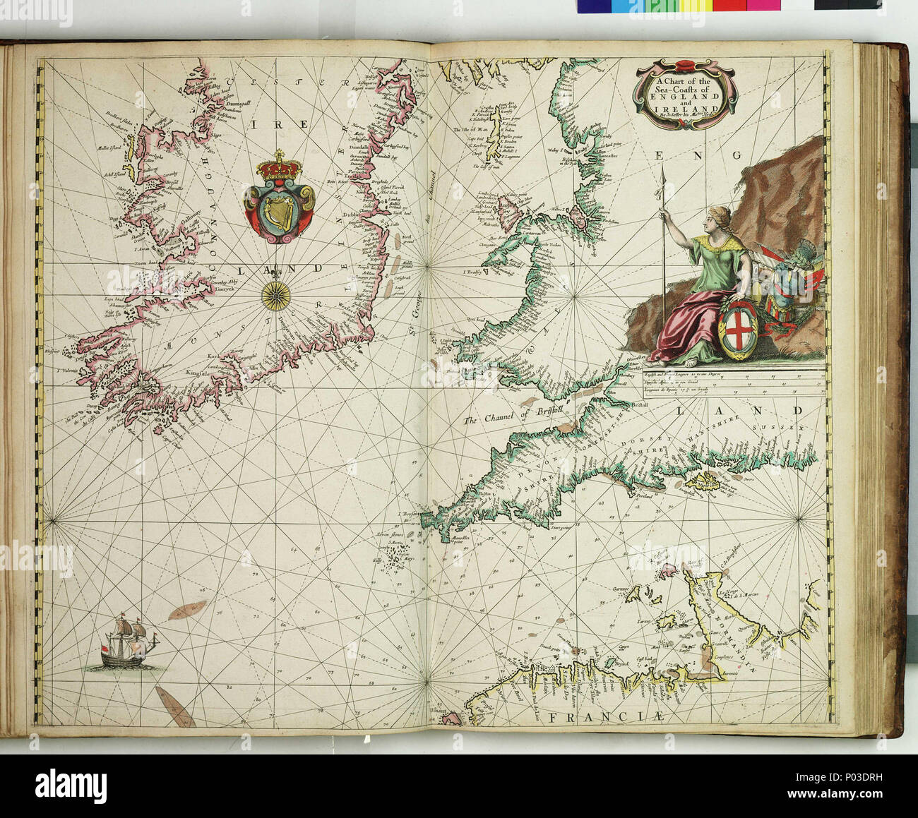 . Inglese: un grafico del mare-coste dell'Inghilterra e IrelandBound foglio. Mano col engr. Scala: [ca. 1:1 650 000 (bar)]. Nota cartografica: confini graduato per Latitude. Scale Bar in francese e in inglese campionati, olandese miglia e campionati spagnoli. Contenuto Nota: decorata con una rappresentazione di Britannia, armati e guardando verso l'Irlanda. Un grafico da 'Atlas Maritimus', o il mare Atlas; essendo un libro di grafici di marittimo. PBE6862, venditore Atlas Maritimus, Inghilterra e Irlanda . 1675. John Darby; il Venditore, Giovanni 35 un grafico del mare-coste dell'Inghilterra e Irlanda RMG F8063 Foto Stock