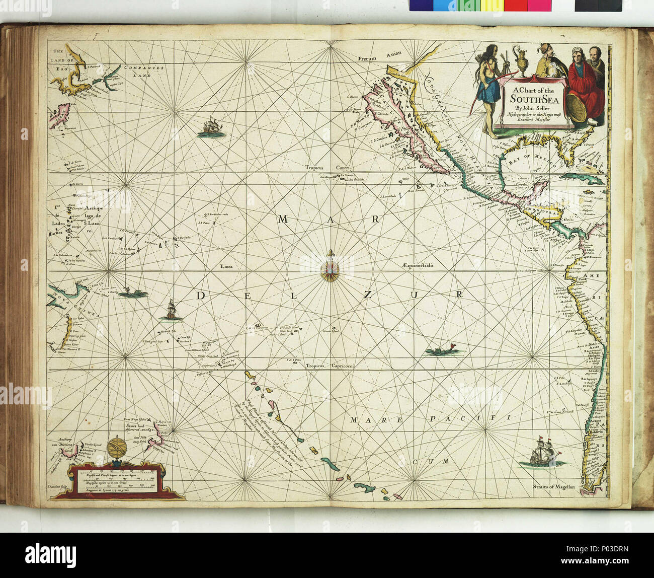 . Inglese: un grafico del Sud SeaBound foglio. Mano col engr. Scala: [ca. 1:28 000 (bar)]. Nota cartografica: Bordo graduato per Latitude. Scale Bar in francese e in inglese campionati, olandese miglia e campionati spagnoli. Ulteriori luoghi: Oceano Pacifico. Contenuto Nota: contiene elementi discontinui di coste di Australia e Nuova Zelanda. PBE6862, venditore Atlas Maritimus, South-Sea . 1675. John Darby; il Venditore, Giovanni 35 un grafico del Mare del Sud RMG F8048 Foto Stock
