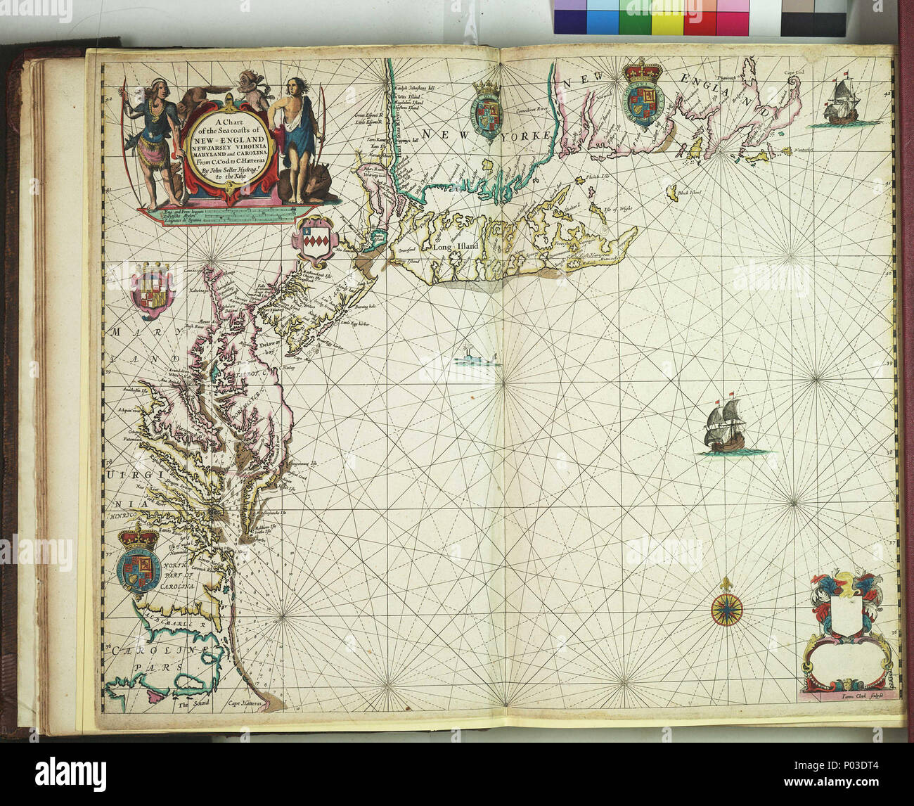 . Inglese: un grafico delle coste del New England nuova Jarsey Virginia Maryland e Carolina da Cape Cod a Cape HatterasBound foglio. Mano col engr. Descrizione fisica Nota: Questo è erroneamente legati in PBE6857. Scala: [ca. 1: (bar)]. Nota cartografica: confini graduato per Latitude. Scale Bar in francese e in inglese campionati, campionati spagnolo e olandese miglia. Contenuto Nota: Contiene inset decorate con. PBE6862, venditore Atlas Maritimus, New England . 1675. James Clark; John Darby; Giovanni venditore 35 un grafico delle coste del New England nuova Jarsey Virginia Maryland e Carolina da Ca Foto Stock