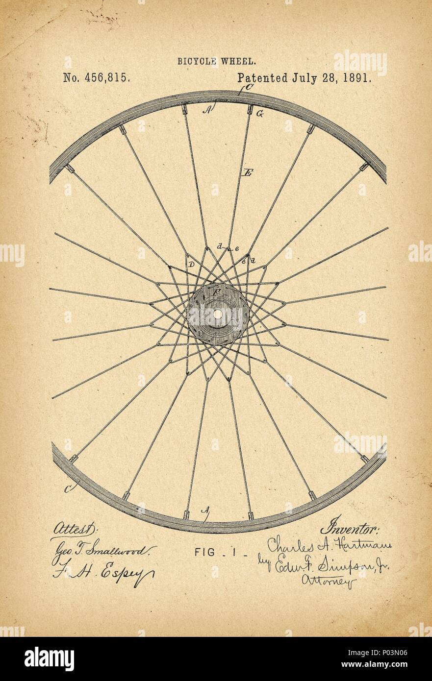 1891 Brevetto ruota Velocipede bicicletta storia archivistica trovato Foto Stock