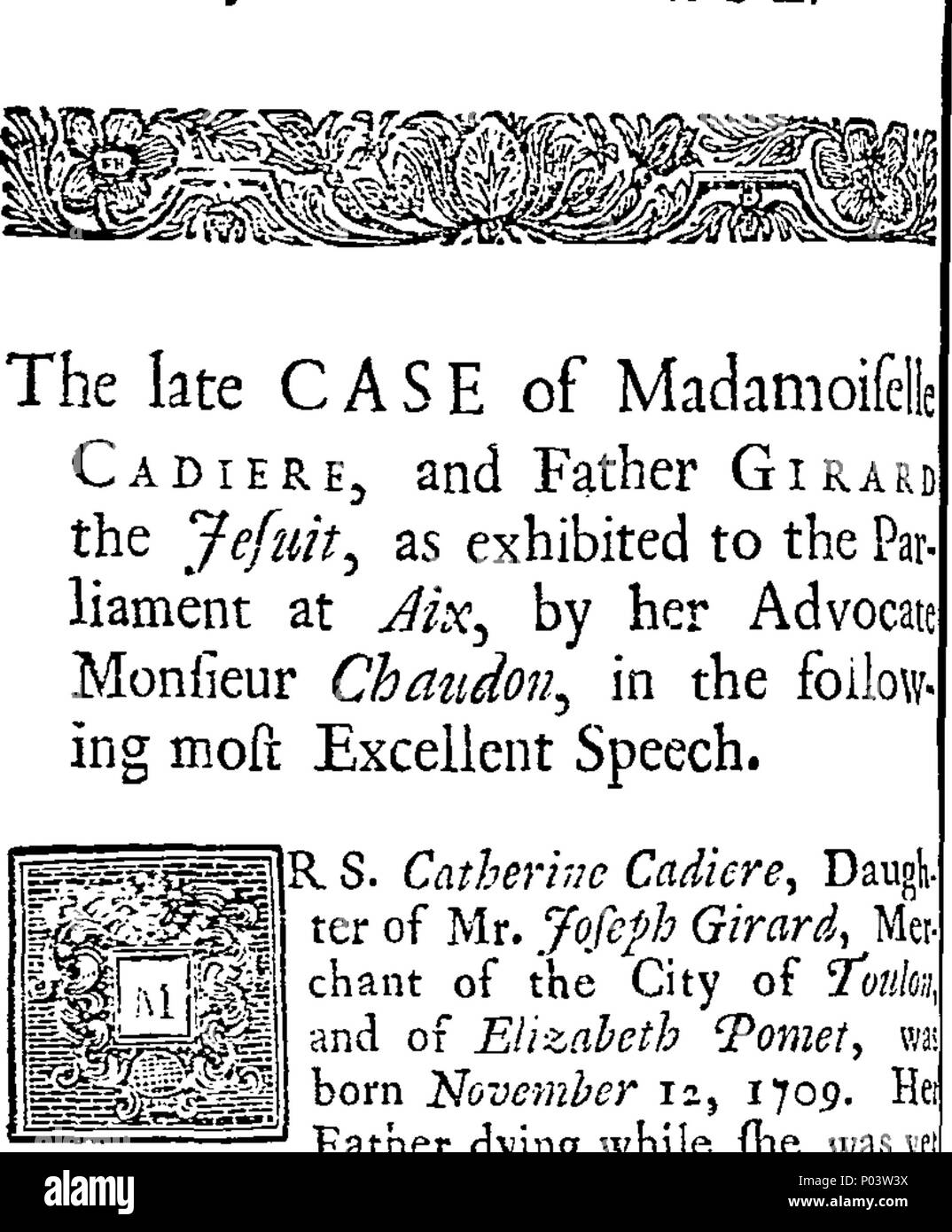 . Inglese: Fleuron dal libro: A compleat storia di intrighi di sacerdoti e suore. Costituito da relazioni authentick delle confessioni e il lascivo uso di esse; compreso il caso di Miss Cadiere, con la Tryal di padre John-Baptist Girard il suo confessore, prima del grande camera del Parlamento ad Aix in Francia. A cui è aggiunto un segnale cheat esercitate dal domenicano fryars, come riferito dal dottor Burnett tardi Vescovo di Sarum. Anche il caso di Abbee des Rues, ora sotto il confinamento a Parigi, per commettere stupri su 133 vergini. Con il caso di seduzione ha dichiarato al grande nel procedere Foto Stock