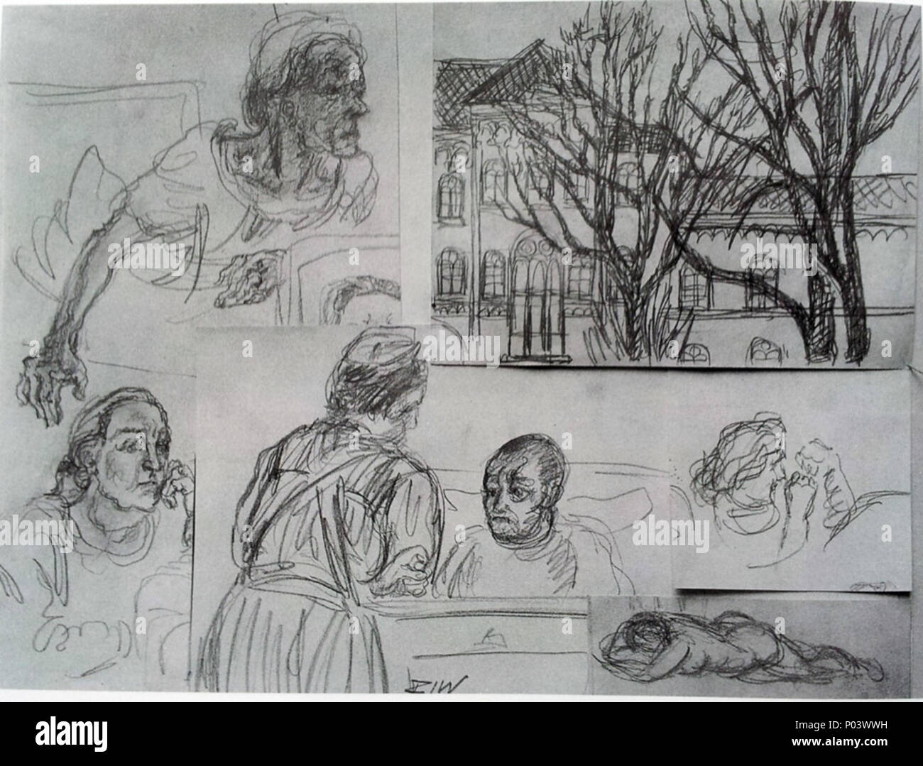 5 4-skizzen mit figuren und gebäudeap Foto Stock