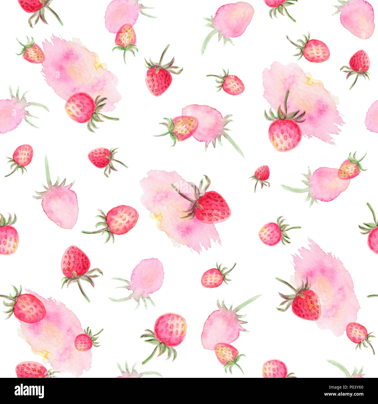 Acquerello fragole seamless pattern. Crema bianca sfondo con fragola e macchie colorate. Illustrazione artigianali. Foto Stock