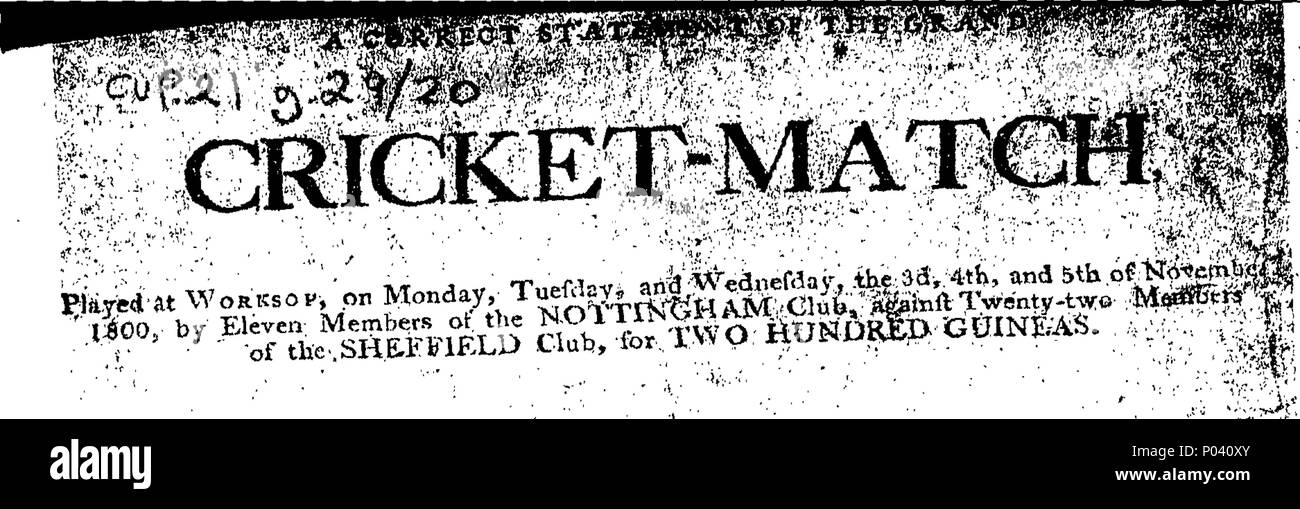. Inglese: Fleuron dal libro: una corretta dichiarazione del grand cricket-match giocato a Worksop, lunedì, martedì e mercoledì, il 3d, 4th, e il 5 novembre 1800, da undici membri del Club di Nottingham, contro ventidue membri del Club di Sheffield, per duecento Guinea. 74 una corretta dichiarazione del grand cricket-match Fleuron T223901-3 Foto Stock