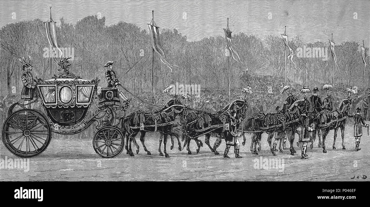 Guglielmo II e Augusta Victoria di Schleswig-Holstein, il royal wedding a Berlino, le spose membro carrello. Friedrich Wilhelm Viktor Albert von PreuÃŸen, Guglielmo II, und Prinzessin Auguste Viktoria von Schleswig-Holstein-Sonderburg-Augustenburg, digitale migliorata la riproduzione di un originale stampa da l'anno 1881 Foto Stock