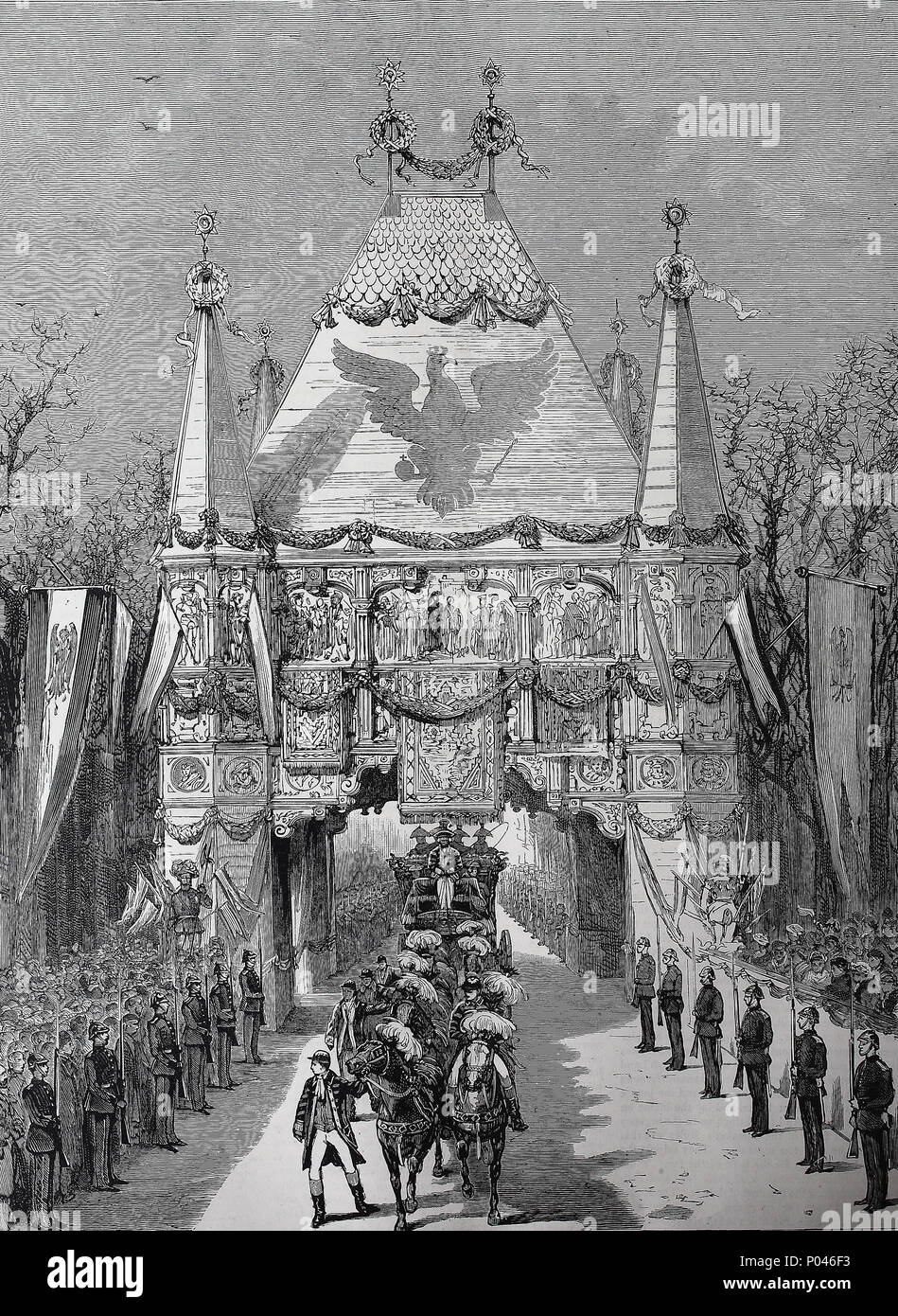 Guglielmo II e Augusta Victoria di Schleswig-Holstein, il royal wedding a Berlino, 1881, il corteo che passa attraverso il cancello di monumenti medievali in Bellevue Avenue. Friedrich Wilhelm Viktor Albert von PreuÃŸen, Guglielmo II, und Prinzessin Auguste Viktoria von Schleswig-Holstein-Sonderburg-Augustenburg, digitale migliorata la riproduzione di un originale stampa da l'anno 1881 Foto Stock