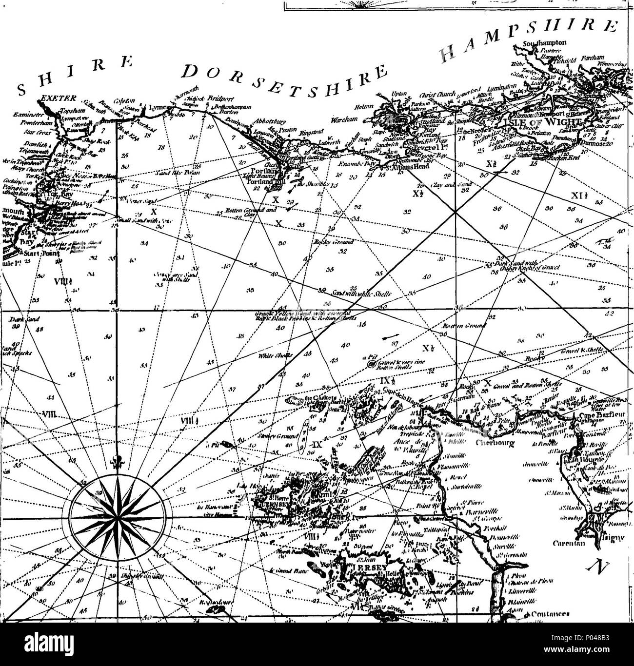 . Inglese: Fleuron dal libro: un intero canale pilota: comprensione coste inglesi e francesi, dal Tamigi bocca al Golfo di Biscaglia; compreso il mare del nord: con le direzioni di navigazione a vela. Da indagini effettive e le osservazioni degli esperti navigatori. Incisi su ventotto rame-piastre; 1 canale a 2 grandi bocca del Tamigi 3 Sands e canali dal Nore a Margate Road 4 Downs 5 Porto di segale 6 Portsmouth, Spithead, &c. 7 gara di Portland, &c. 8 Guernsey, Jersey, e Alderney Guernsey 9, Sark, Herm e Jethou 10 Jersey 11 costa del Devon e Torbay 12 Plymouth Sound 13 Fo Foto Stock