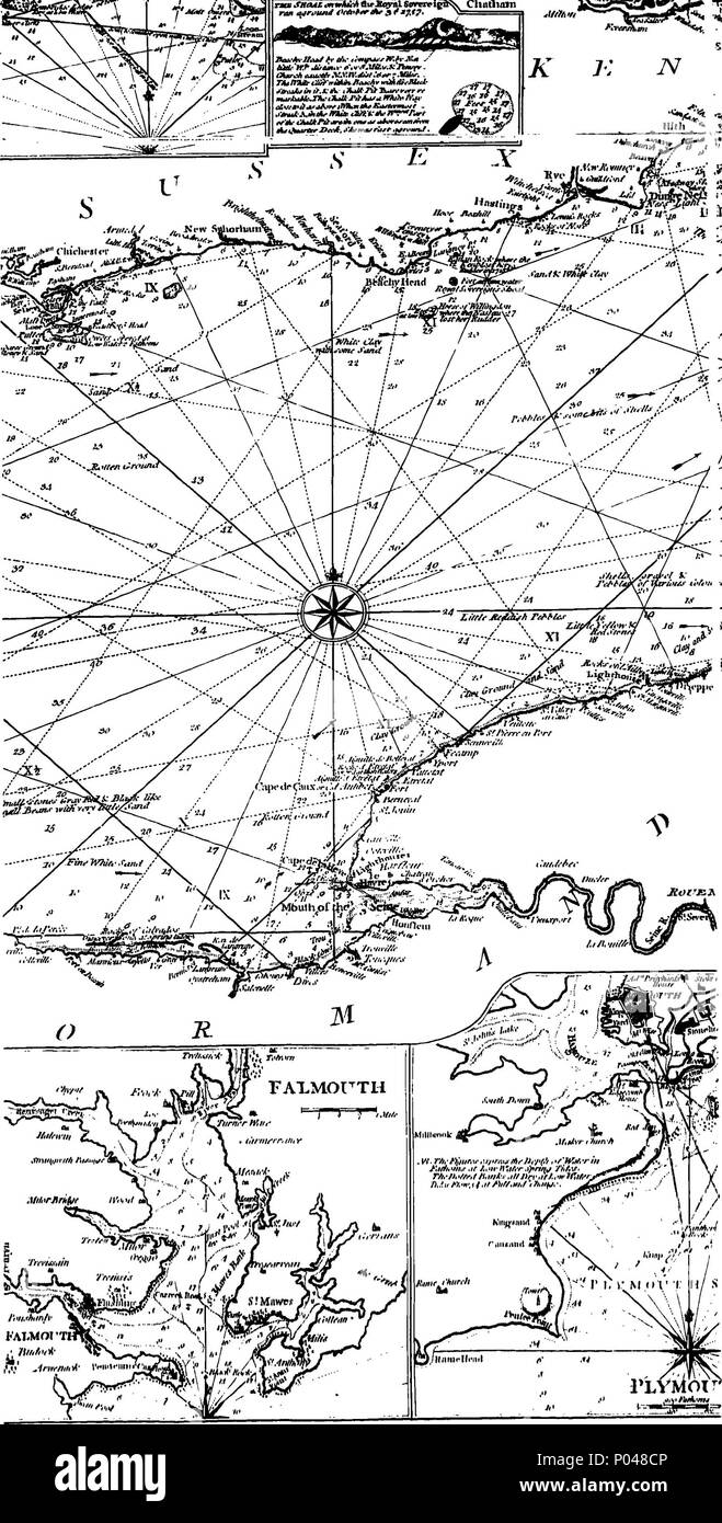 . Inglese: Fleuron dal libro: un intero canale pilota: comprensione coste inglesi e francesi, dal Tamigi bocca al Golfo di Biscaglia; compreso il mare del nord: con le direzioni di navigazione a vela. Da indagini effettive e le osservazioni degli esperti navigatori. Incisi su ventotto rame-piastre; 1 canale a 2 grandi bocca del Tamigi 3 Sands e canali dal Nore a Margate Road 4 Downs 5 Porto di segale 6 Portsmouth, Spithead, &c. 7 gara di Portland, &c. 8 Guernsey, Jersey, e Alderney Guernsey 9, Sark, Herm e Jethou 10 Jersey 11 costa del Devon e Torbay 12 Plymouth Sound 13 Fo Foto Stock