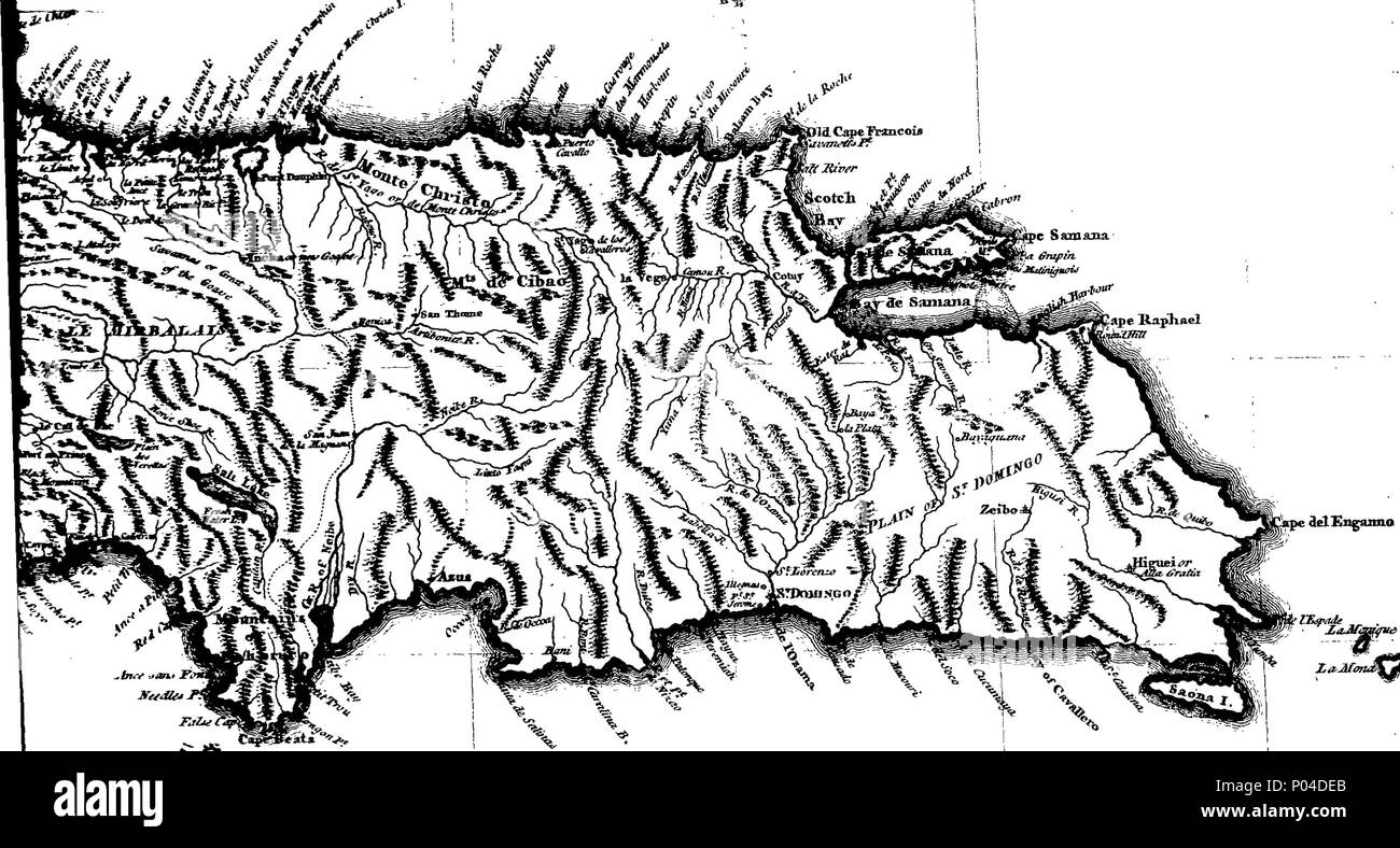 . Inglese: Fleuron dal libro: una descrizione delle isole spagnole e gli insediamenti sulla costa del West Indies, compilato dalla fede nelle sue memorie, rivisto da colleghi che hanno risieduto molti anni negli insediamenti spagnoli; e illustrato con trentadue piani e carte, principalmente da disegni originali presi dagli spagnoli nell'ultima guerra e incisi dal compianto Thomas Jefferys. 86 una descrizione delle isole spagnole e gli insediamenti sulla costa del West Indies Fleuron T065765-9 Foto Stock