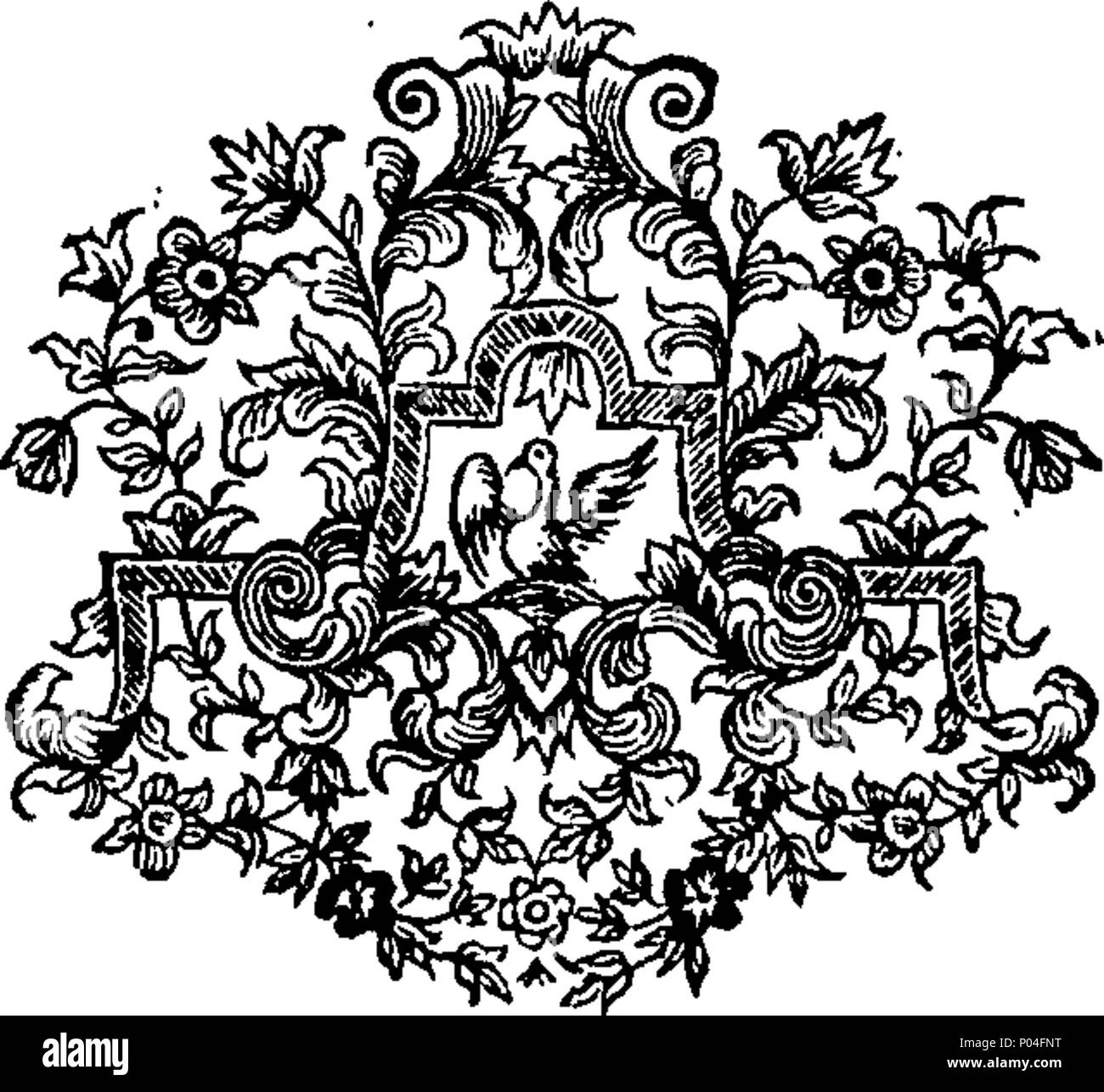 . Inglese: Fleuron dal libro: un insieme di tratti scritto da John Asgill Esq; dall'anno 1700. Per l'anno 1715. Alcune relative alla divinità: e gli altri alla storia della monarchia, la successione della Corona e la costituzione del governo della Gran Bretagna. 50 Un insieme di tratti scritto da John Asgill Esq; dall'anno 1700 Fleuron T143094-9 Foto Stock