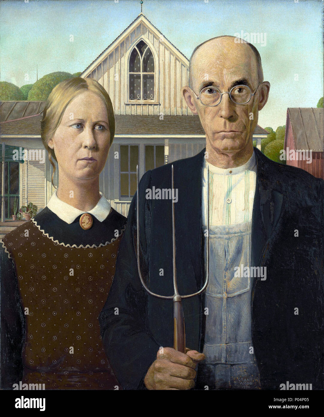 . Inglese: questa è una immagine digitalizzata della pittura originale Gotico americano che concedere il legno, un maestro artista del ventesimo secolo, creato nel 1930 e venduto all'Art Institute di Chicago nel novembre dello stesso anno. . Inglese: Gotico americano . 1930 41 concedere DeVolson Legno - Gotico americano Foto Stock