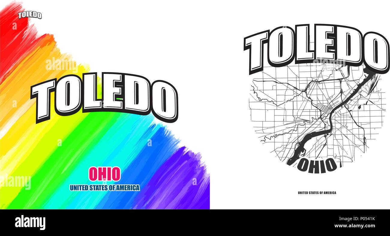 Toledo, Ohio, logo design. Due in un vettore arti. Grande con logo vintage lettere con bello sfondo colorato e uno-colore-versione con mappa per ogni Illustrazione Vettoriale