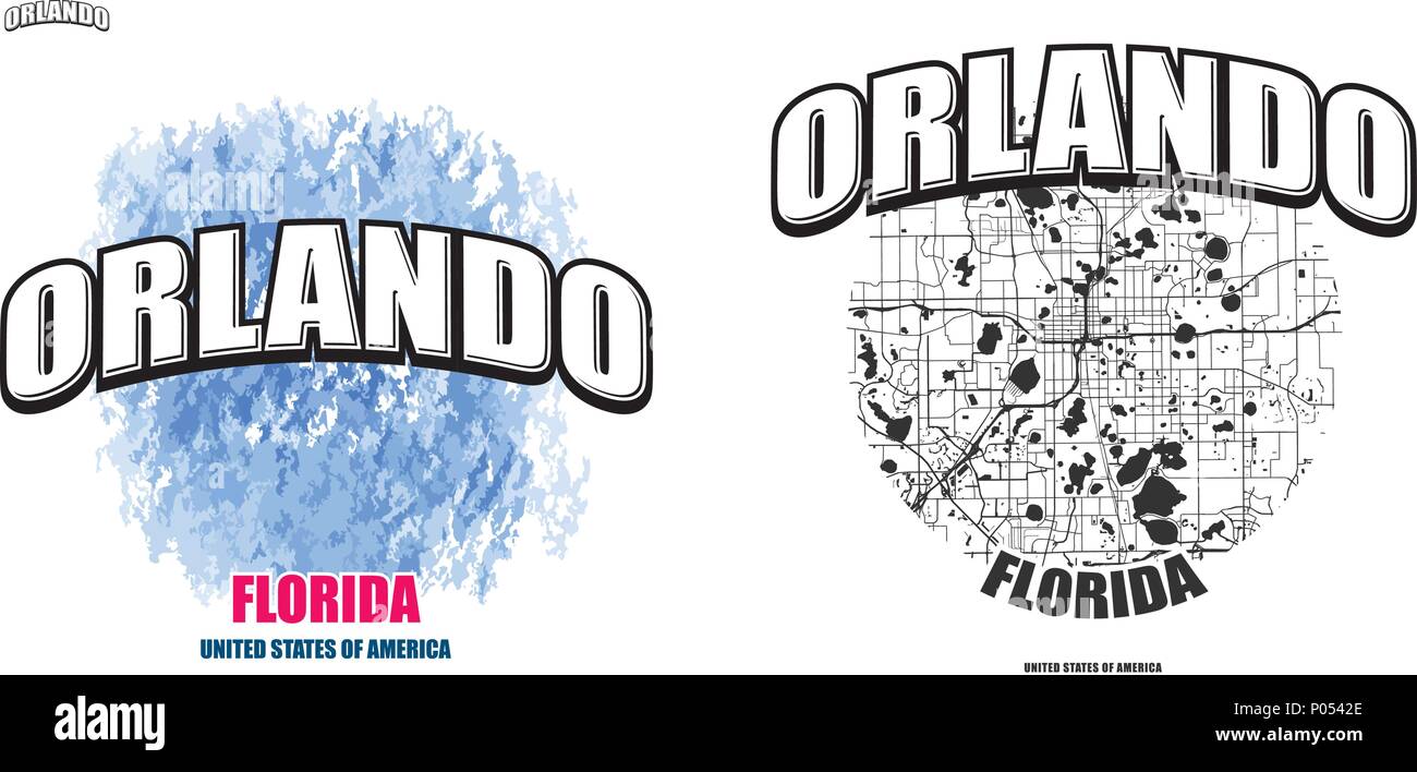 Orlando, Florida, logo design. Due in un vettore arti. Grande con logo vintage lettere con bello sfondo colorato e uno-colore-versione con mappa per e Illustrazione Vettoriale