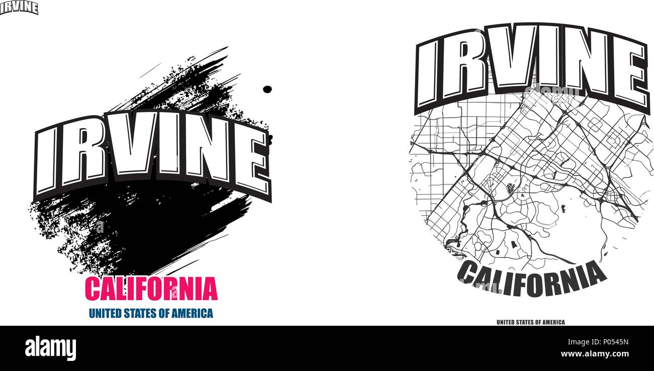 Irvine, California, logo design. Due in un vettore arti. Grande con logo vintage lettere con bello sfondo colorato e uno-colore-versione con mappa per Illustrazione Vettoriale