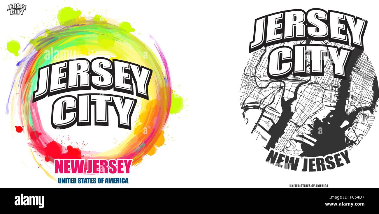 Città di Jersey, New Jersey, logo design. Due in un vettore arti. Grande con logo vintage lettere con bello sfondo colorato e one-color-versione con ma Illustrazione Vettoriale