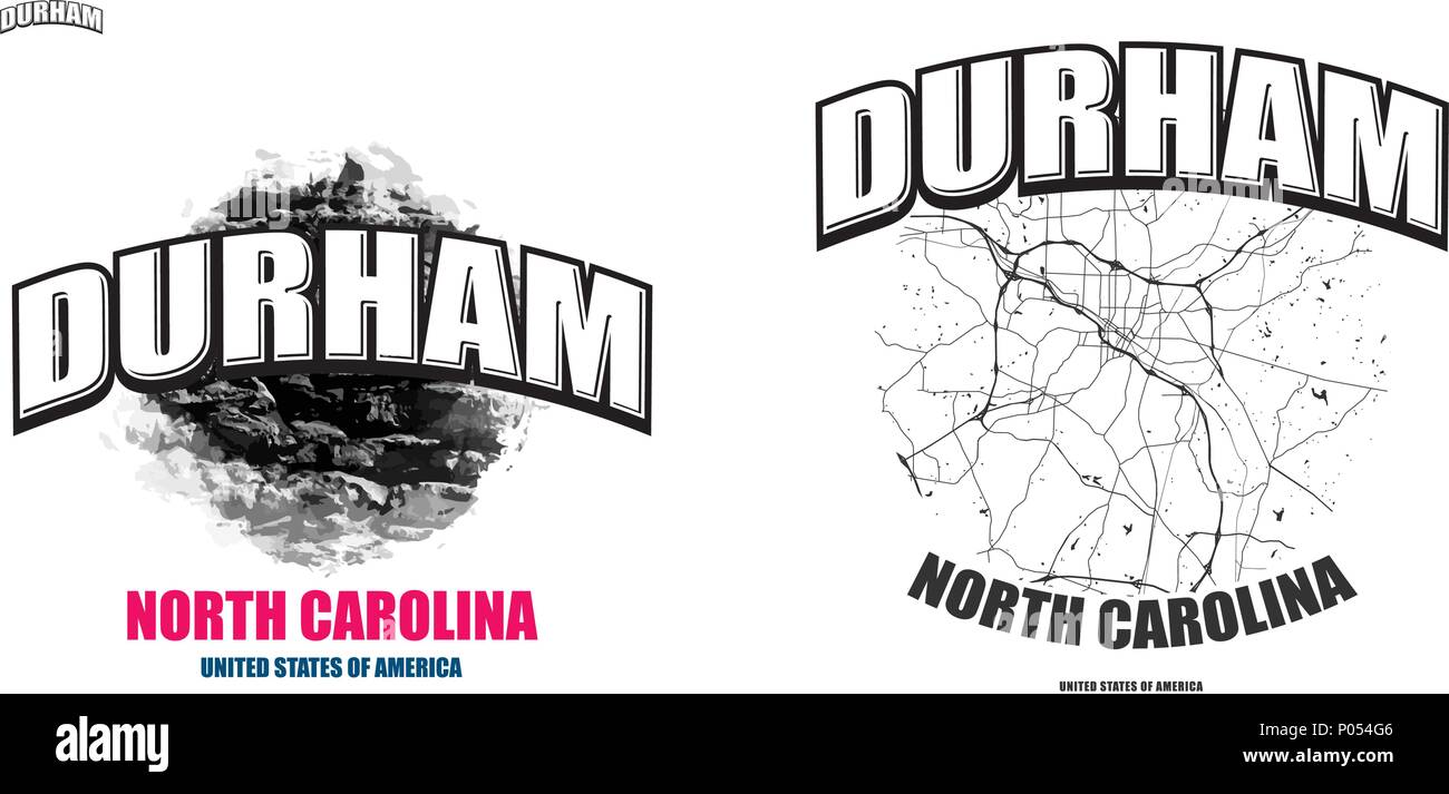 Durham, North Carolina, logo design. Due in un vettore arti. Grande con logo vintage lettere con bello sfondo colorato e uno-colore-versione con mappa Illustrazione Vettoriale
