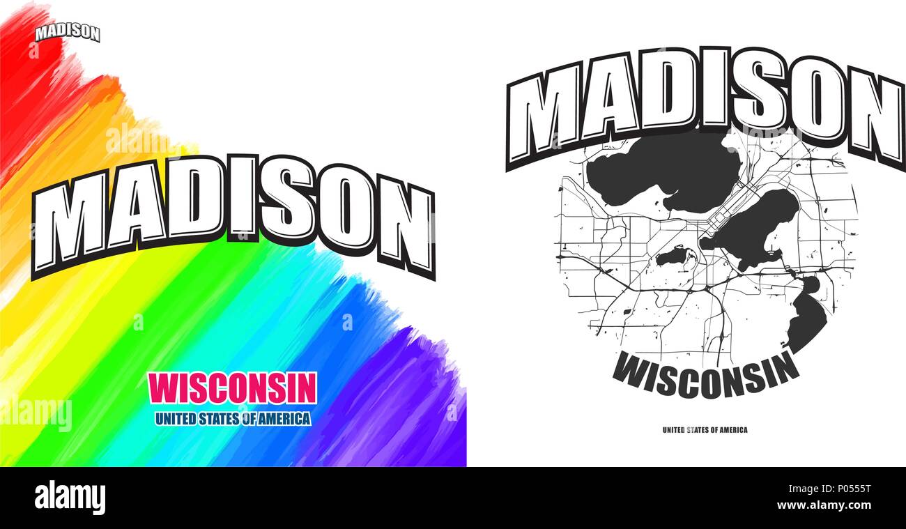 Madison, Wisconsin, logo design. Due in un vettore arti. Grande con logo vintage lettere con bello sfondo colorato e uno-colore-versione con mappa per Illustrazione Vettoriale