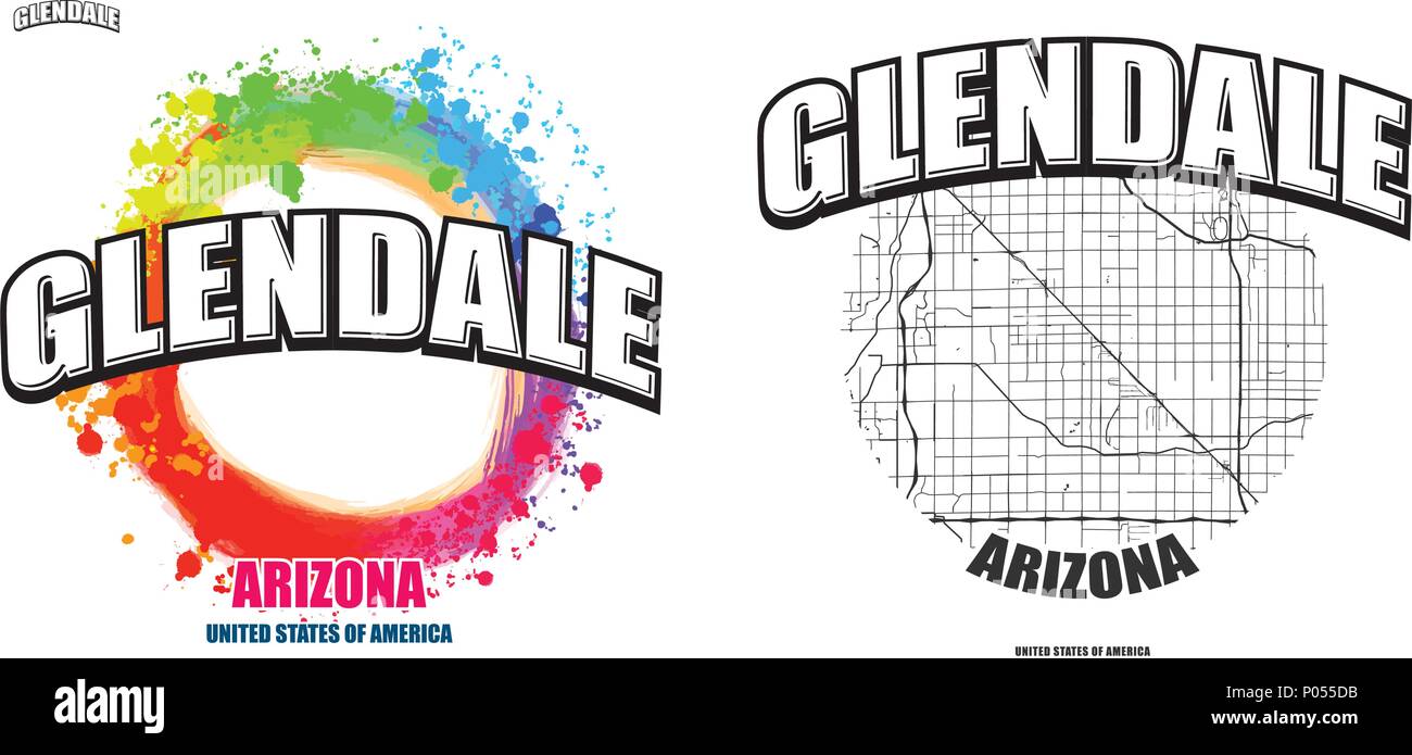 Glendale, Arizona, logo design. Due in un vettore arti. Grande con logo vintage lettere con bello sfondo colorato e uno-colore-versione con mappa per Illustrazione Vettoriale