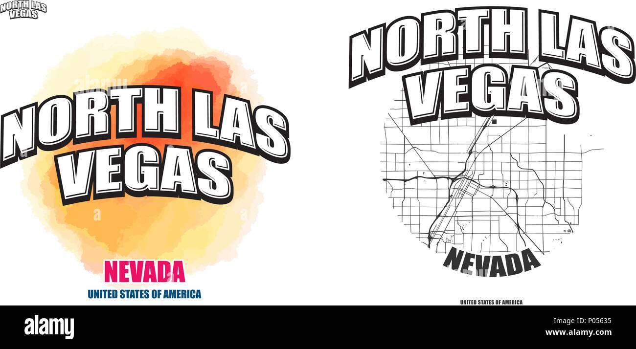 A nord di Las Vegas, Nevada, logo design. Due in un vettore arti. Grande con logo vintage lettere con bello sfondo colorato e one-color-versione con ma Illustrazione Vettoriale