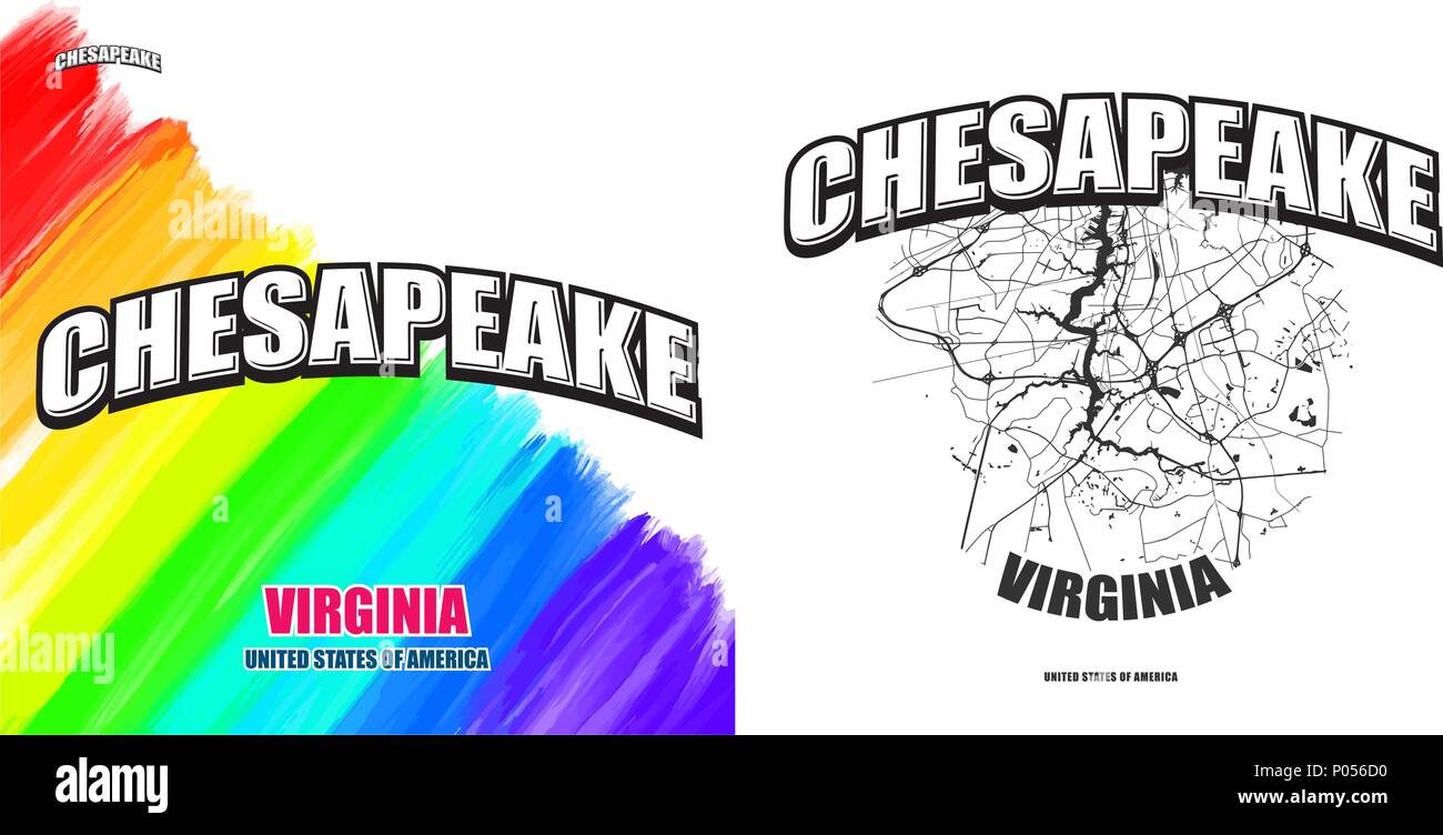Chesapeake, Virginia, logo design. Due in un vettore arti. Grande con logo vintage lettere con bello sfondo colorato e uno-colore-versione con mappa f Illustrazione Vettoriale