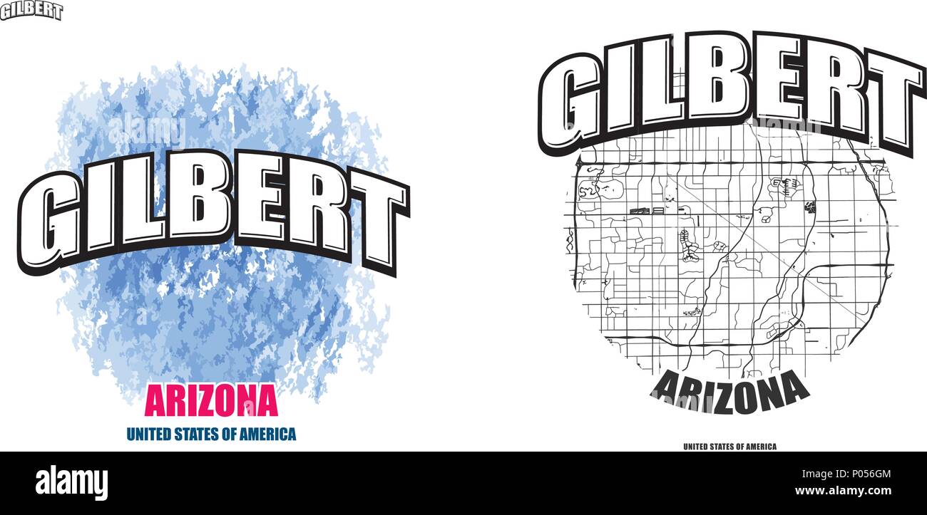Gilbert, Arizona, logo design. Due in un vettore arti. Grande con logo vintage lettere con bello sfondo colorato e uno-colore-versione con mappa per e Illustrazione Vettoriale