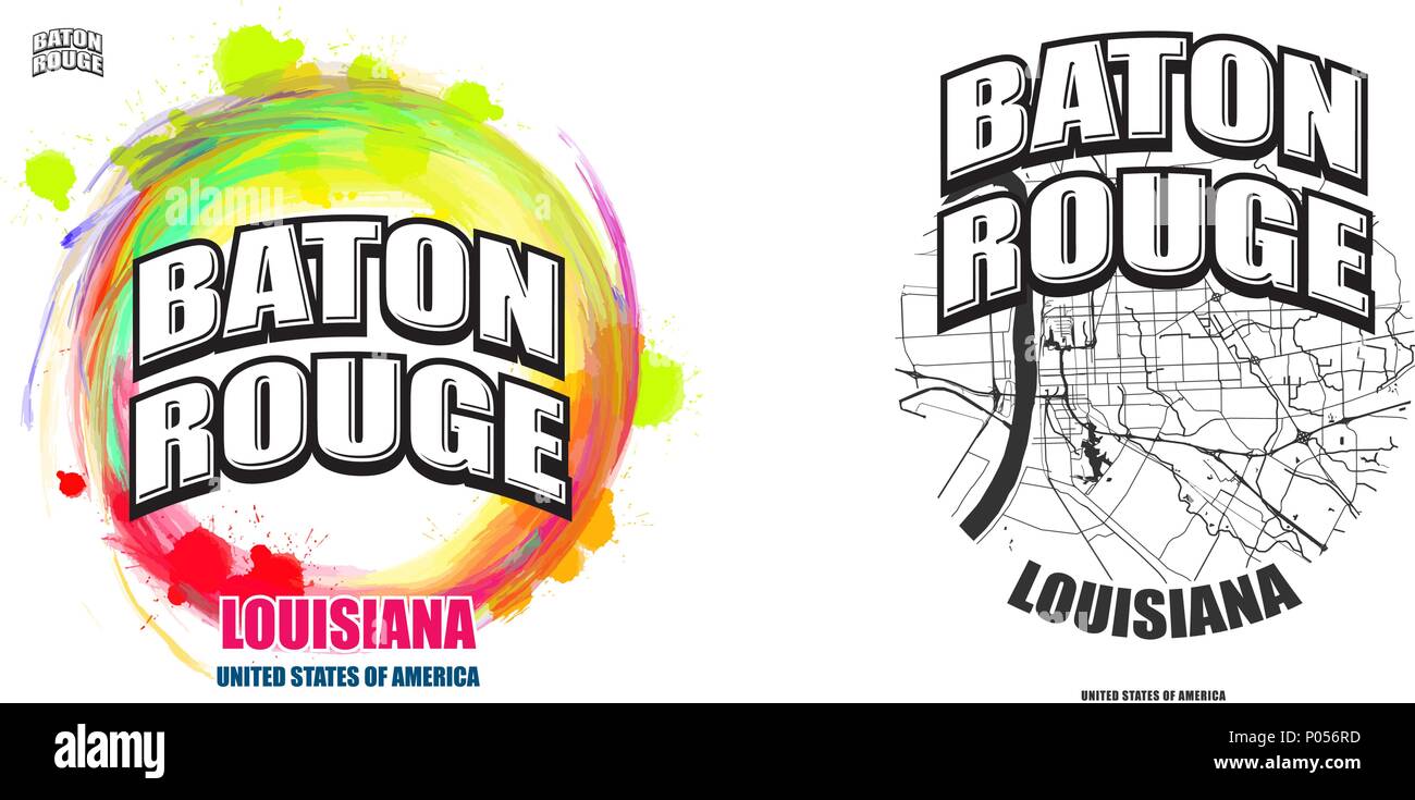 Baton Rouge, Louisiana, logo design. Due in un vettore arti. Grande con logo vintage lettere con bello sfondo colorato e uno-colore-versione con mappa Illustrazione Vettoriale