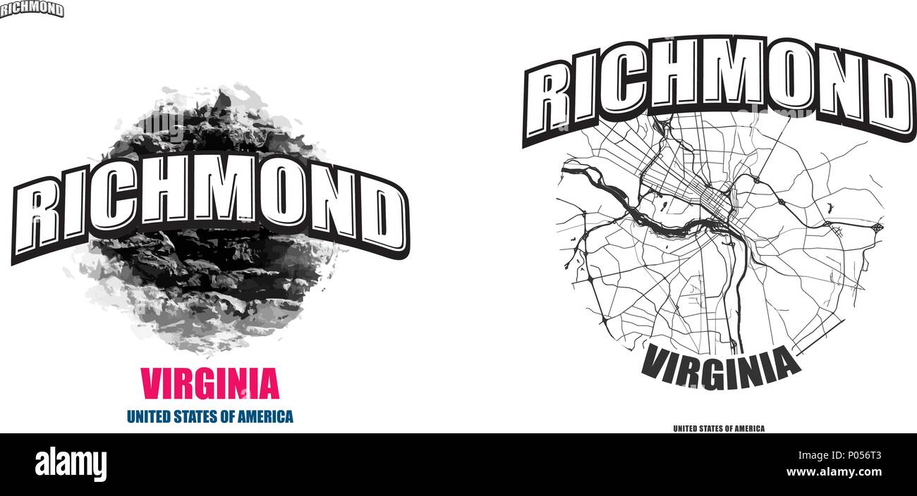 Richmond, Virginia, logo design. Due in un vettore arti. Grande con logo vintage lettere con bello sfondo colorato e uno-colore-versione con mappa per Illustrazione Vettoriale