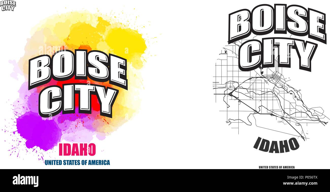 La città di Boise, Idaho, logo design. Due in un vettore arti. Grande con logo vintage lettere con bello sfondo colorato e uno-colore-versione con mappa per Illustrazione Vettoriale