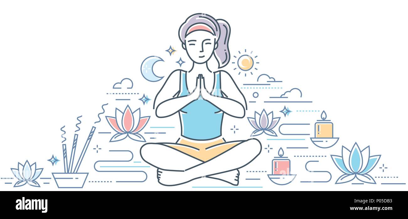 La pratica dello yoga - linea moderna stile design illustrazione colorata Illustrazione Vettoriale