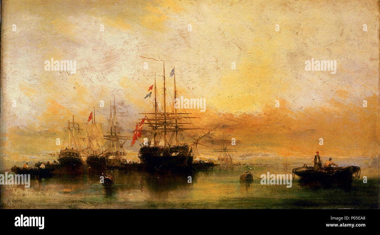 . Inglese: una nave danese e altre navi becalmed una pittura atmosferica che mostra una nave danese con altre navi, becalmed. Battenti bandiera danese dalla poppa ella è mostrato prua dritta vista con le vele verso il basso. Un certo numero di figure sono visibili sul bordo e numerose piccole imbarcazioni sono attivi intorno a lei come ella attende per vento in ordine a salpare. A sinistra due altre navi sono nello stesso imbarazzo la nave più lontana a sinistra presenta parti dei suoi piloni mancante. Altre spese di spedizione può essere visto in lontananza sulla destra. In primo piano sono diverse canne flottanti o boe, sulla sinistra si trova un piccolo Foto Stock