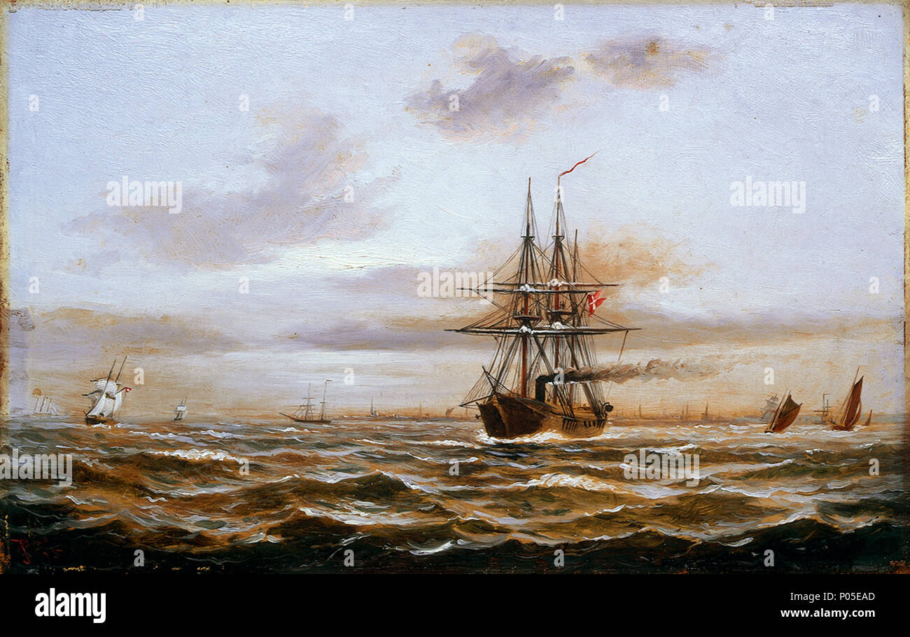 . Inglese: un vapore danese corvette un schizzo di olio che mostra un danese fregata a vapore al largo. Lei sventola la bandiera danese e è mostrato andando sotto vapore con il suo fumo billowing dalla porta laterale. Ella è in un affollato per via navigabile, circondata da piccole imbarcazioni costiere con il suo caratteristico colore rosso vele. Sulla sinistra, è una piccola barca a vela anche imbarcazioni battenti bandiera danese. Questo disegno è da circa 1880 e uno di una coppia con "Danish brig pilotato a terra', la BHC1224. Un danese fregata a vapore . 1875. J Gale 78 danese un vapore RMG corvette BHC1225 Foto Stock