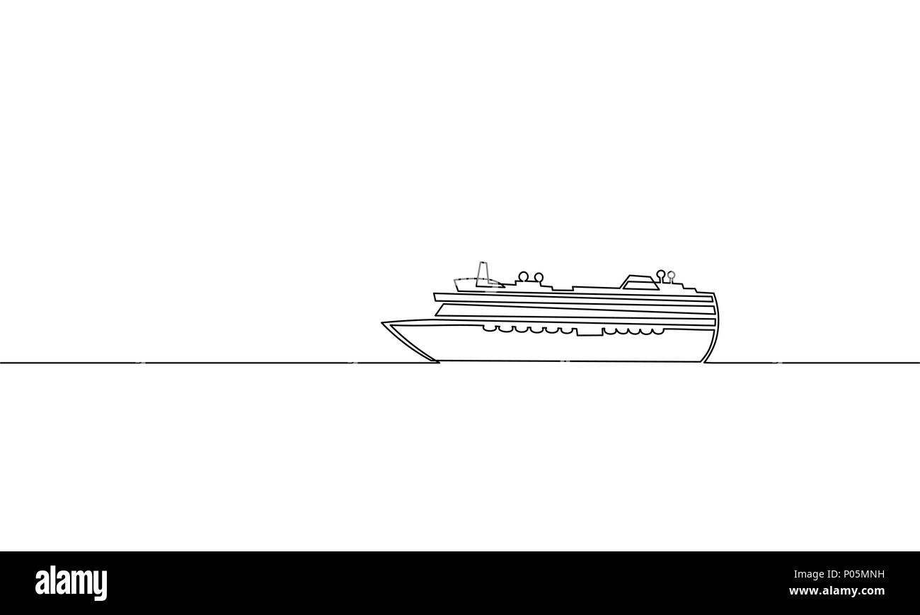 Unica e continua una linea tecnica ocean travel vacation. Viaggio sul mare vacanze isola tropicale nave crociera camicia viaggio concept design sketch drawi contorno Illustrazione Vettoriale