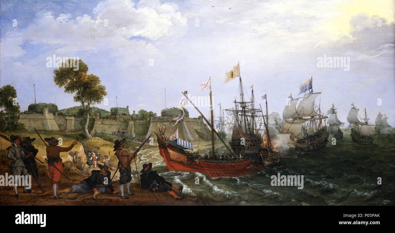 . Inglese: uno squadrone olandese di attaccare una fortezza spagnola il soggetto di questo dipinto è un olandese attacco navale su una rocca al mare che è difeso da navi spagnole e soldati armati. La fortezza sorge su un terreno rialzato, sulla sinistra, dietro qualche albero basso-sormontate da dune. Una lunga linea di uomini armati possono essere visti ai piedi delle fortificazioni. La Dutch men-di-guerra sono in barca a vela da destra sotto un cielo equo ma le onde ancorare la sabbia. In primo piano vi è una cucina battenti la bandiera della Borgogna, che è stato portato da tutte le navi della spagnola occupata dai Paesi Bassi e una tenda a strisce sulla SAN Foto Stock