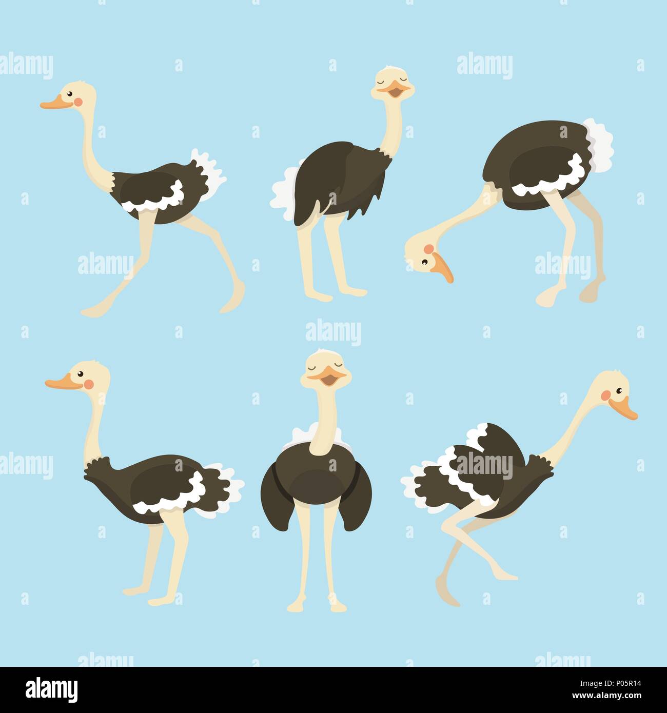 Simpatico cartoon di struzzo insieme di raccolta. Illustrazione Vettoriale
