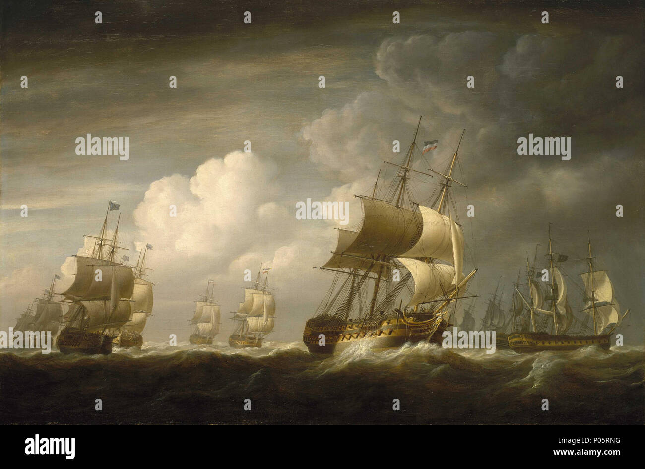 . Inglese: una flotta di East Indiamen in mare questo dipinto ha il titolo alternativo " le navi della Compagnia delle Indie in mare' ma fu esposto alla Royal Academy nel 1803 come "l'Hindostan, G. Millet[t], il comandante e il senior officer di diciotto vela di East Indiamen, con il segnale di usura, sternmost e navi leewardmost prima'. (Che è per la flotta a modificare la rotta per la virata opposta, nella sequenza indicata con il vento a poppa.) si ritiene di rappresentare il convoglio sotto George Millett, come commodore, durante il loro viaggio di ritorno dalla Cina nei primi mesi del 1802. Il 'Hindostan', in c Foto Stock