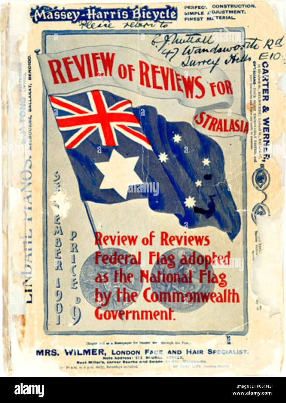 . Inglese: l'edizione della rassegna di recensioni; coperchio anteriore firmato da Egbert Nuttall, dopo il designer vincitore del 1901 bandiera federale concorso di design sono stati annunciati. Grato riconoscimento per la biblioteca dello Stato del Nuovo Galles del Sud per l'approvazione a riprodurre parte di Egbert Nuttall collezione storica. עברית: דף השער של גיליון תחרות העיצוב של דגל אוסטרליה 1901 . 1901. 2 sconosciuto Reviewofreviews Foto Stock